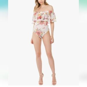 Day G Floral Print Mesh Off Shoulder Ruffled Bodysuit